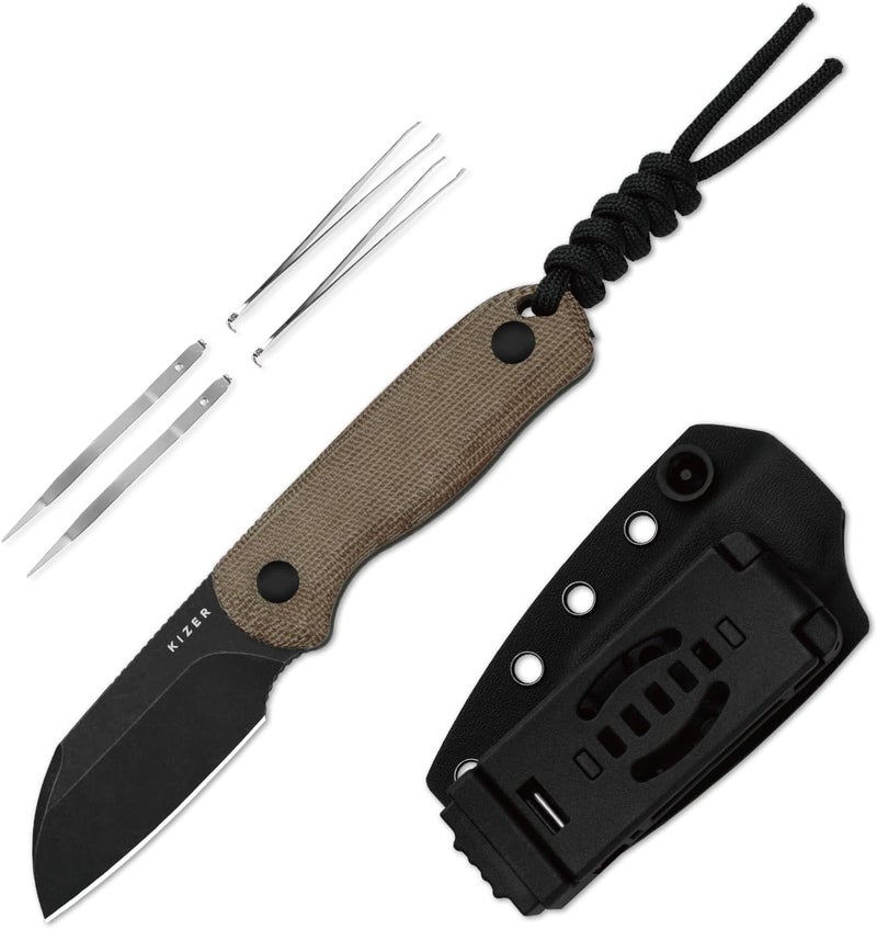 KIZER Drop Bear Fixed Blade Knife, 2.56" AEB-L Blade EDC Camping Knife with Norplex UltreX™ Brown Micarta Handle & Built-in Tools, Small Hunting Survival Knives with Adjustable Kydex Sheath, 1093A2 - Image 1